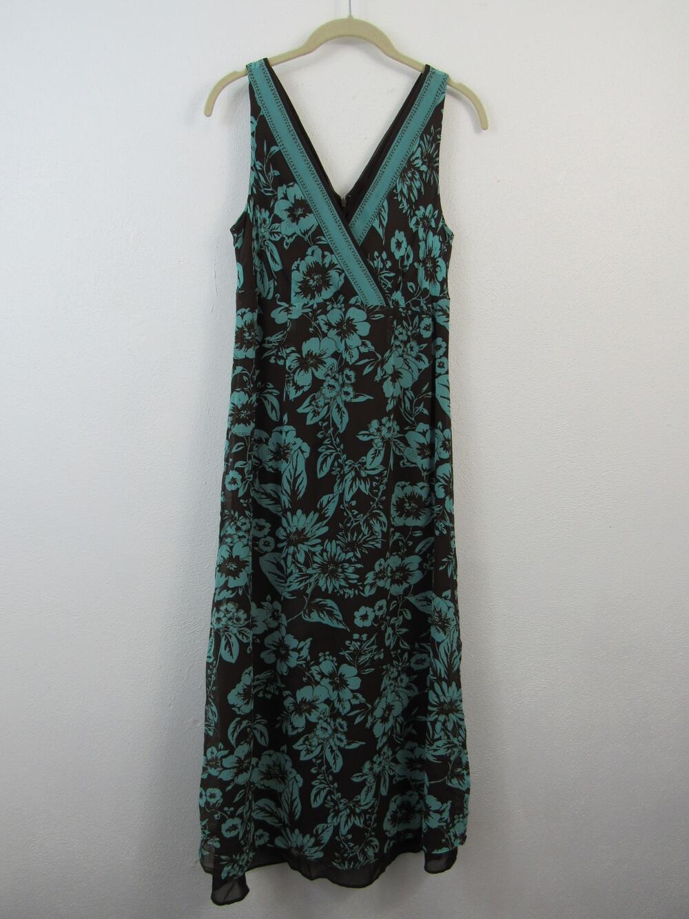 Harold's Size 8 100% Silk Blue Brown Floral Printed Midi Dress V-Neck Sleeveless